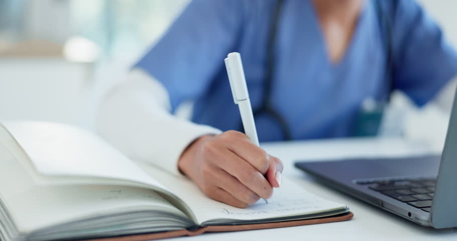 Doctor, hands and writing in healthcare planning, hospital research and schedule or internship goals. Woman, nurse or medical student with notes, notebook and computer in clinic education or studying Royalty-Free Stock Footage #1108428073