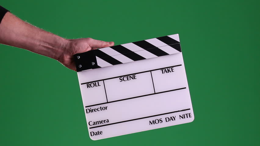 A motion picture clapboard, also called a slate, with hands snapping the stick