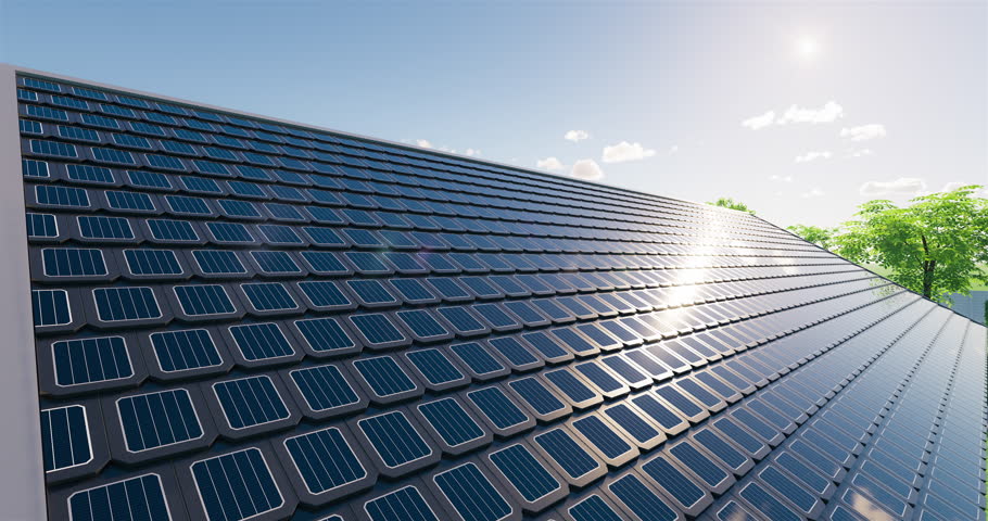 3d rendering of solar or photovoltaic shingles in perspective on roof of home or house building. System technology to generate electrical power or direct current electricity by light or sunlight.	
 | Shutterstock HD Video #1108430293