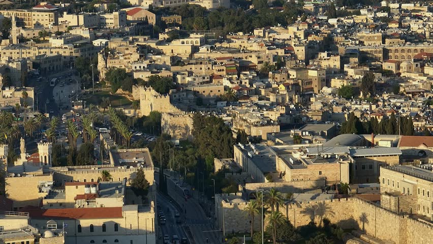 Jerusalem old city aerial drone view at sunset, 4k Israel