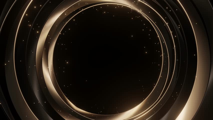 Circle geometric luxury gold black with particles glowing background, 4k resolution, spin object.