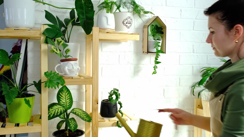 A woman waters home plants from her collection of rare species from a watering can, grown with love on shelves in the interior of the house. Home plant growing, green house, water balance