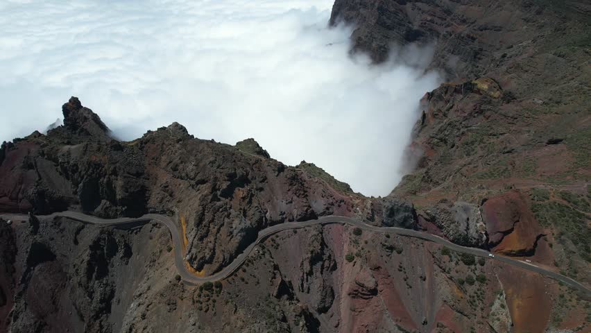 Aerial fly over above the road at the summit of the Caldera de Taburiente National Park in La Palma, Canary Islands, Spain
