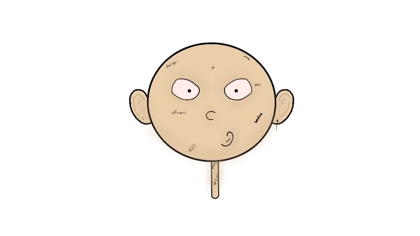 cartoon round character with many flashing tattoos