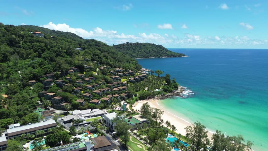 Complex of luxury private villas on the island, top view of private luxury villas on Kata Noi beach, beach and villas