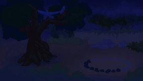 Magic mysterious forest in dark night. Oak tree and enigmatic spiral glow on ancient temple. Enigma. UFO appearing. Cartoony 2d animation. Animated cartoon. Film grain pixel. Ghostly blue light.  - Powered by Shutterstock - Get 15% off with code: PIKWIZARD15