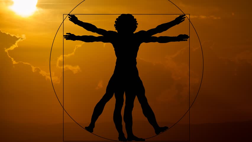Leonardo Da Vinci Vetruvian Man, Time Lapse at Sunset with Red Sun, Fiery Sky and human anatomy symbol in Silhouette Royalty-Free Stock Footage #1108447015