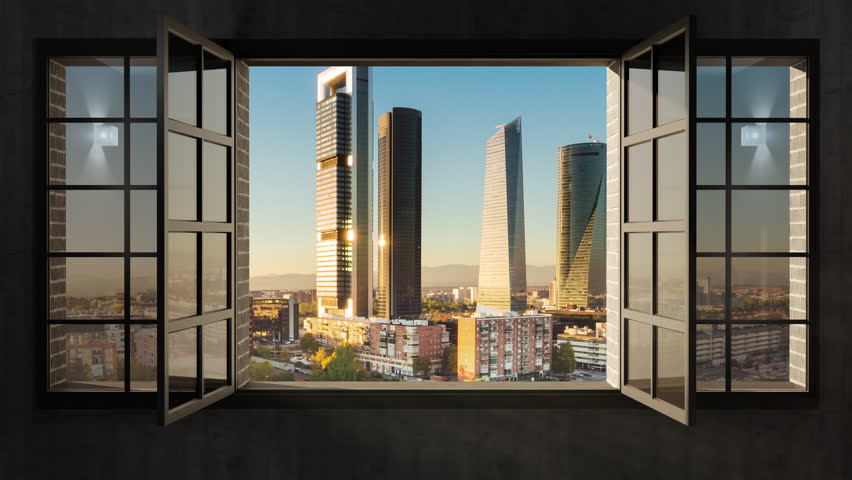 madrid business city district aerial view timelapse day to night seen from the modern office window