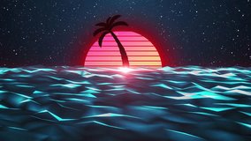 Retro Land Animation With Grid And Sun. 80's Synth Wave Style Retro Background, Futuristic Retro Land Loop Animation Video. Futuristic Wire Frame Grid Background Retro Sifi, Sunset And Tropical Palm T