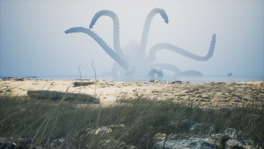 As the sun sets, a colossal Kraken, an abyssal behemoth, unfurls its monstrous tentacles from the depths, looming over the coastline in a terrifying spectacle that chills the bravest souls to the bone Royalty-Free Stock Footage #1108454659