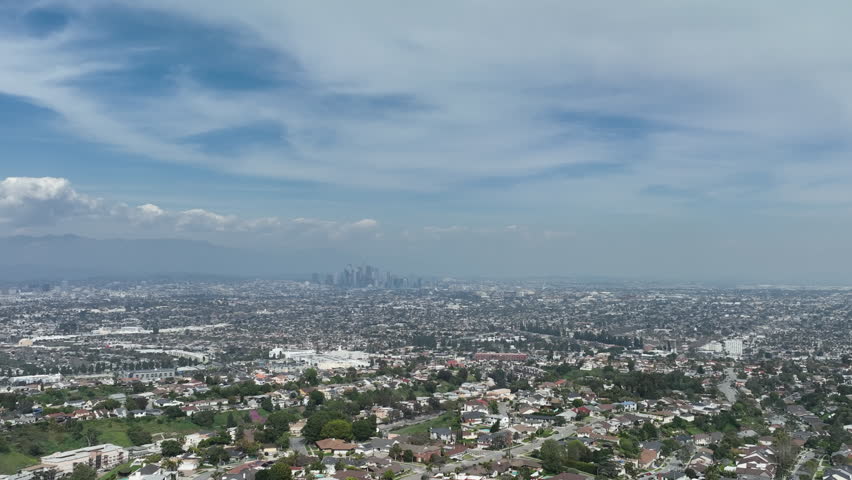 Los Angeles Downtown and Stocker St from Baldwin Hills Aerial Shot Orbit L Down California USA