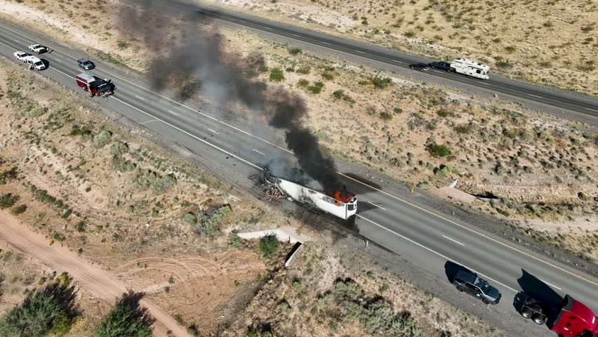 Aerial semi truck highway fire meat burning. Semi truck on interstate highway in desert of Arizona and Nevada. Transporting fresh meat. Fire smoke destroys cargo. hazardous HAZMAT pollution. Royalty-Free Stock Footage #1108455399