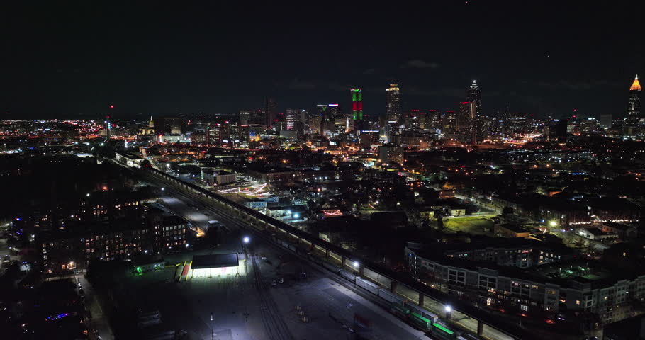 Atlanta Aerial v788 establishing shot reverse flyover cabbagetown neighborhood capturing illuminated night cityscape views of modern metropolitan area - Shot with Mavic 3 Cine - December 2021