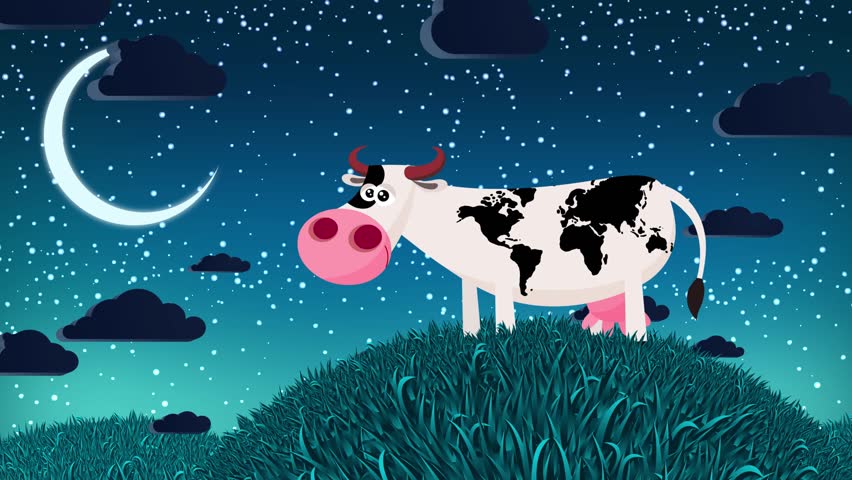 Cartoon spotty black and white earth map. Pasture grass mountain night seamless cute character speckled  animal with sky moving clouds moon and stars. Funny moves creature useful animation.