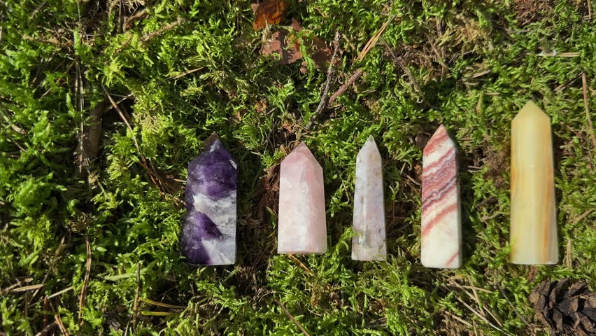 Various crystal towers or gemstones point on green moss. Amethyst, Rose quartz, Green onyx, Flower Agate Minerals for Witchcraft Rituals, Relax, Harmony life balance.