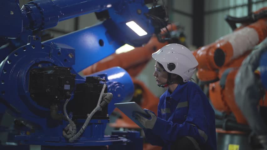 Factory engineer woman inspecting on machine with smart tablet. Worker works at machine robot arm. The welding machine with a remote system in an industrial factory. Artificial intelligence concept.