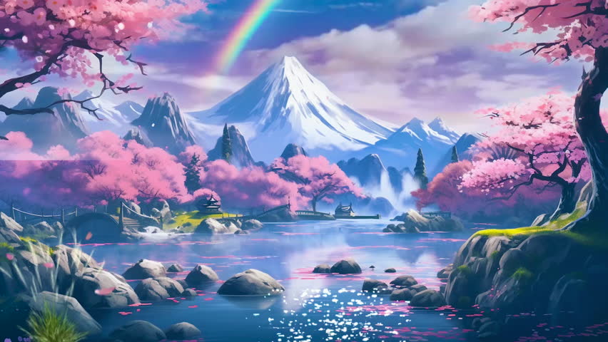 Anime video background beautiful with rainbow, lake, mountain, flower, butterfly, and sakura in cartoon japanese Royalty-Free Stock Footage #1108464687