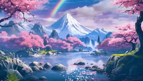 Anime video background beautiful with rainbow, lake, mountain, flower, butterfly, and sakura in cartoon japanese