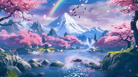 Anime video background beautiful with rainbow, lake, mountain, flower, butterfly, and sakura in cartoon japanese Stock-video