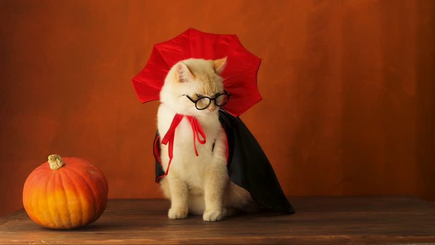 Cat in vampire costume and glasses looking around, Halloween, orange background | Shutterstock HD Video #1108465819