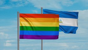 Nicaragua flag and LGBT movement also Gay Pride flag waving together on blue sky, looped video, two country cooperation concept
