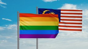 Malaysia and LGBT movement also Gay Pride flag waving together in the wind on blue sky, cycle looped video, two country cooperation concept