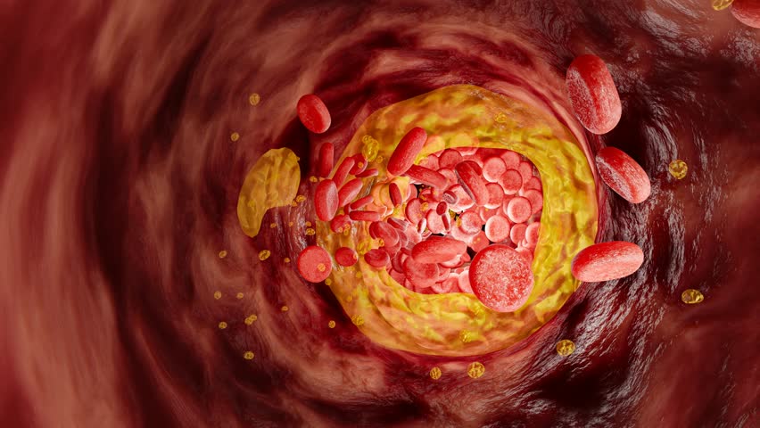 Artery clogged by unhealthy junk food, sugary drinks, and alcohol, illustrating serious cardiovascular risks, atherosclerosis, and heart disease problems in human blood vessels. 3D rendering.
