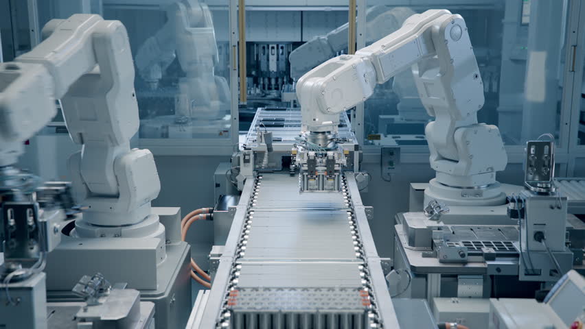 Modern and Bright Factory. On Automated Production Line Robot Arms Transporting Automotive Battery Module onto Conveyor Belt. Electric Car Battery Pack Manufacturing Process. Royalty-Free Stock Footage #1108470555