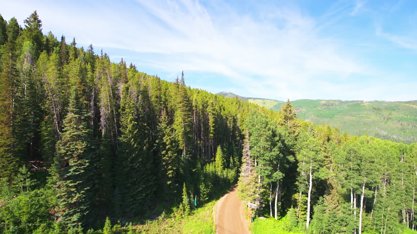 Ski lift gondola cable car pov point of view riding shot in summer at Beaver Creek Resort of Vail, Colorado with pine spruce aspen trees forest