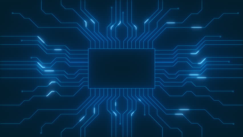 Motherboard data exchange. A chip with printed tracks through which binary information is transmitted. Futuristic background. Royalty-Free Stock Footage #1108474669