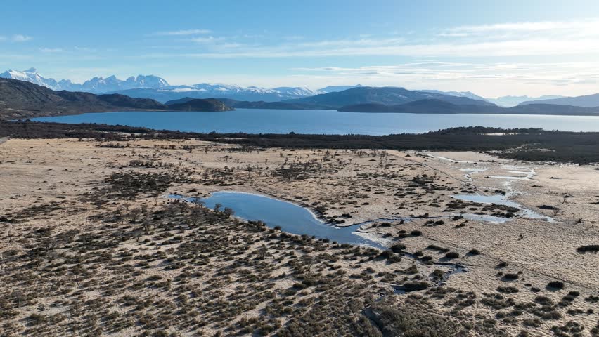 Patagonia Lake At Torres Del Paine In Antartica Chile. Snowy Mountains. Lake Landscape. Antartica Chile. Winter Background. Patagonia Lake At Torres Del Paine In Antartica Chile.