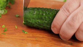 Cucumber Chopping on Wooden Cutting Board, Close-up