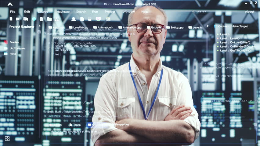 Elderly software developer in high tech data center looking at hologram visualization of coding lines. It programmer working on securing server terminals, preventing hacker attacks