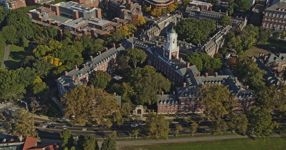 Boston Massachusetts Aerial v278 birds eye view overlooking at student dormitory eliot house at harvard campus, tilt up reveals downtown cityscape - Shot with Inspire 2, X7 camera - October 2021