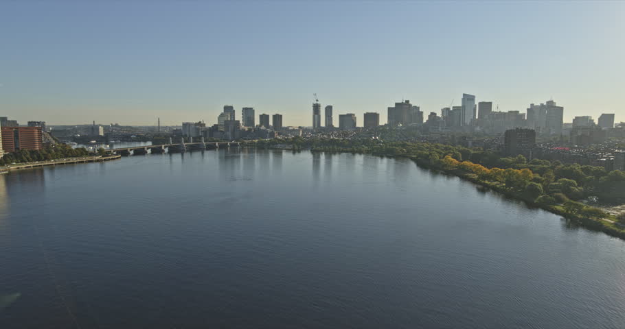 Boston Massachusetts Aerial v265 panning shot across charles river from west end, longfellow bridge leading to prestigious institution mit city campus - Shot with Inspire 2, X7 camera - October 2021