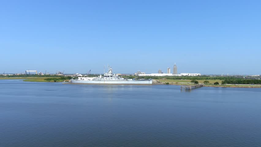 Short 4K video of the USS Alabama Battleship and the downtown Mobile skyline over Mobile Bay 