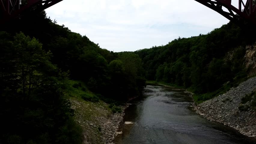 Upper falls Letchworth state park in upstate New York. Drone video in the summer.