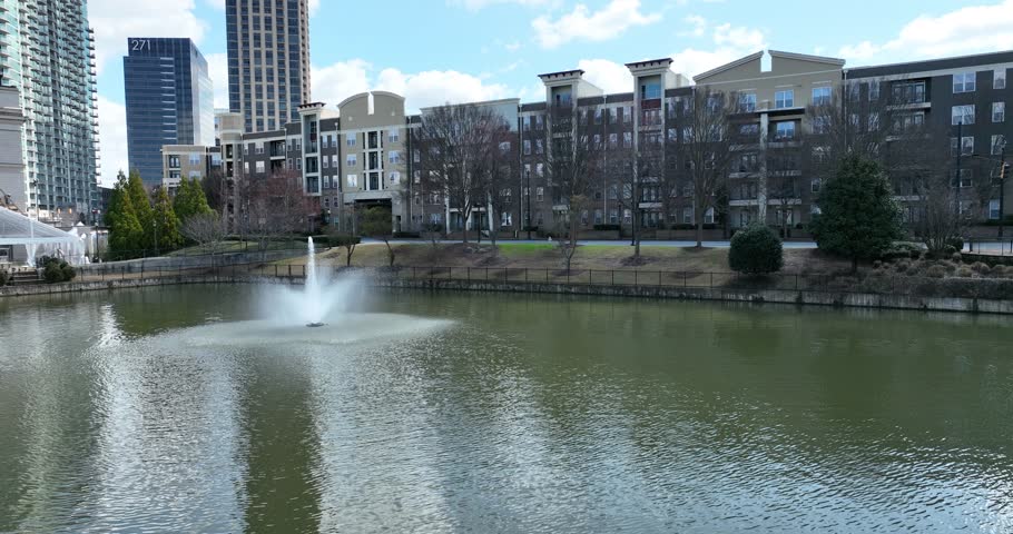 Water fountain with buildings in background Atlantic Station atlanta Georgia