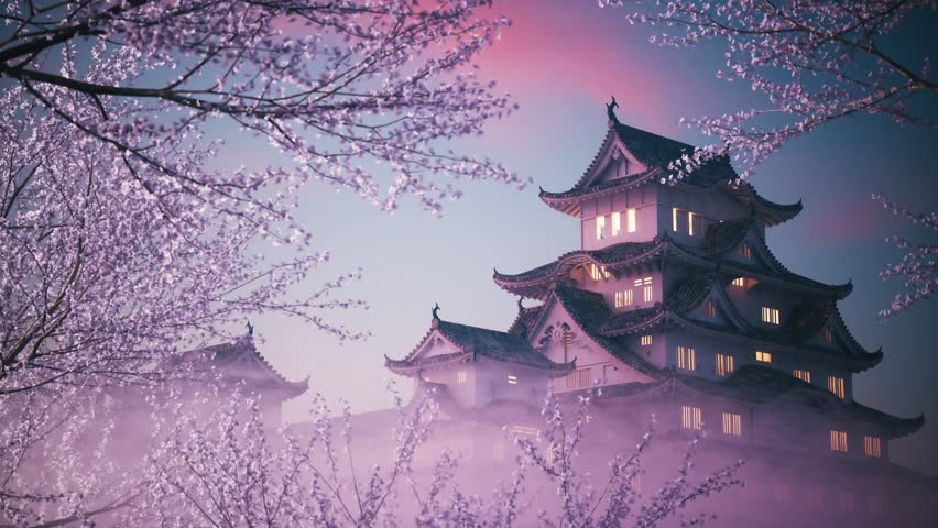 Beautiful cherry blossoms at japan castle. Castle with spring cherry blossoms. The most beautiful Japanese castle | Shutterstock HD Video #1108487291