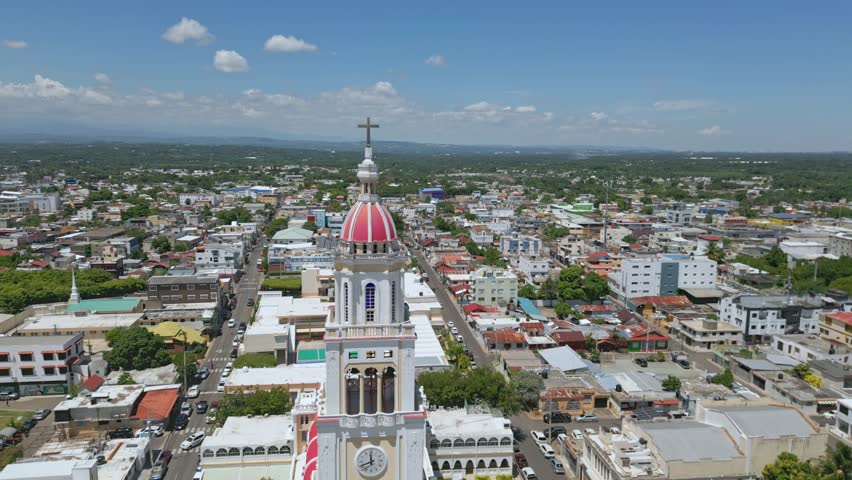 Stunning architecture church in city Moca, Dominican Republic, aerial dolly out