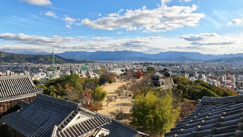 View from the castle towers ont the yard an roofs of Matsuyama Castle, Shikoku, Ehime, Japan. Beautiful blue sky