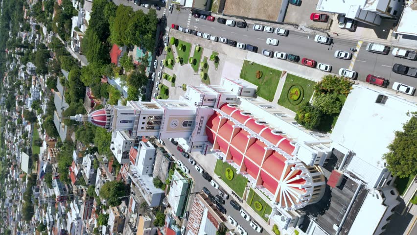 White sacred Heart of Jesus Church city Moca, portrait aerial on a sunny day