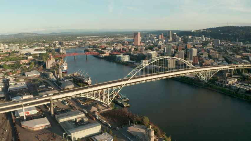 Circling aerial shot over Fremont Bridge Portland Oregon