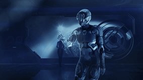 Astronaut working with artificial intelligence at the station. 3D render