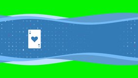 Animation of blue banner waves movement with white ace of heart symbol on the left. On the background there are small white shapes. Seamless looped 4k animation on chroma key background