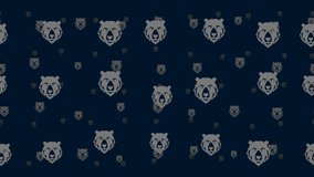 Bear head icons float horizontally from left to right. Parallax fly effect. Floating symbols are located randomly. Seamless looped 4k animation on dark blue background