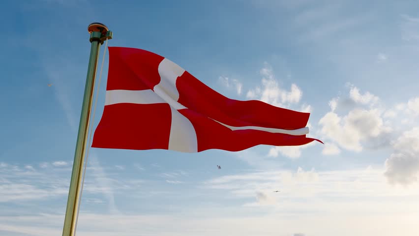 Flag of Denmark waving in the wind, sky and sun background. Denmark Flag Video. Realistic Animation, 4K UHD.  Royalty-Free Stock Footage #1108494709
