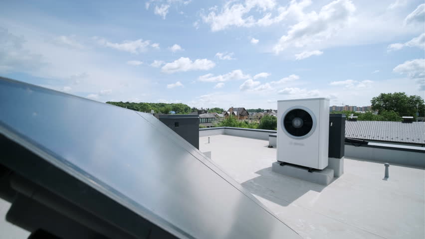 HVAC heating, ventilation and air conditioning systems. Heat pump on the roof Royalty-Free Stock Footage #1108498185