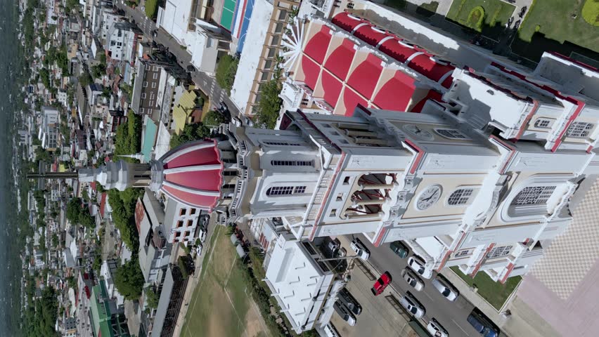 Vertical View Of Sacred Heart of Jesus Church In Moca, Dominican Republic. - aerial
