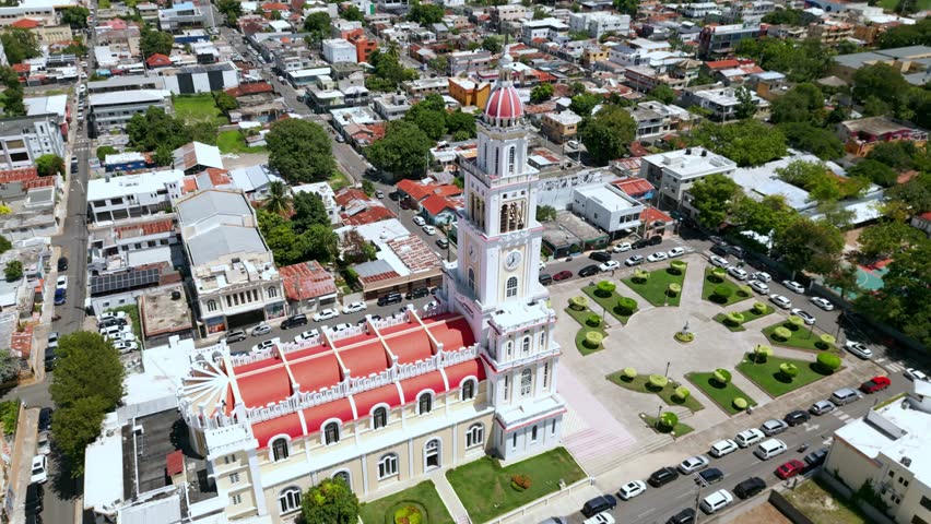 Sacred Heart of Jesus Church With Landscaped Garden In Moca, Dominican Republic. - aerial